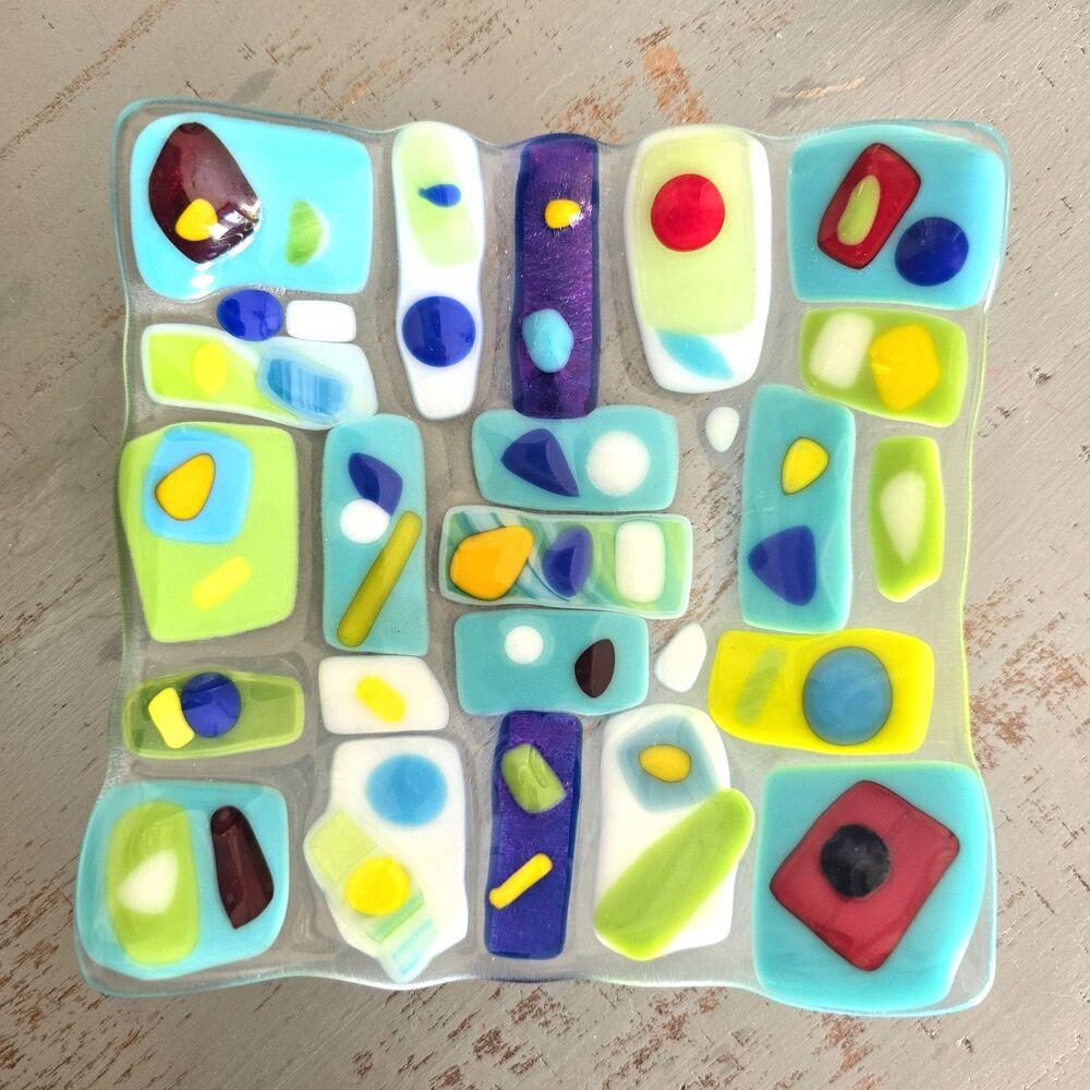 Studio Fused Art Glass Slumped Dish Geometric Mosaic Trinket Catchall 6" Blue